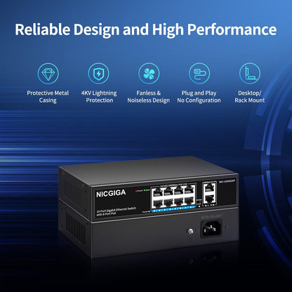 NICGIGA 8 Port Gigabit PoE Switch, 8 Ports PoE+@120W, 2 Uplink Port, 802.3af/at, VLAN Mode, Fanless. Unmanaged Power Over Ethernet Network Switch