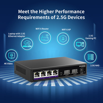 NICGIGA 6 Port 2.5G Ethernet Switch with 4X 2500Mbps + 2X 10G SFP Uplink Port, Unmanaged 2.5Gb Network Switch, One-Key VLAN, Plug & Play, Desktop/Wall-Mount, Fanless Metal Design.