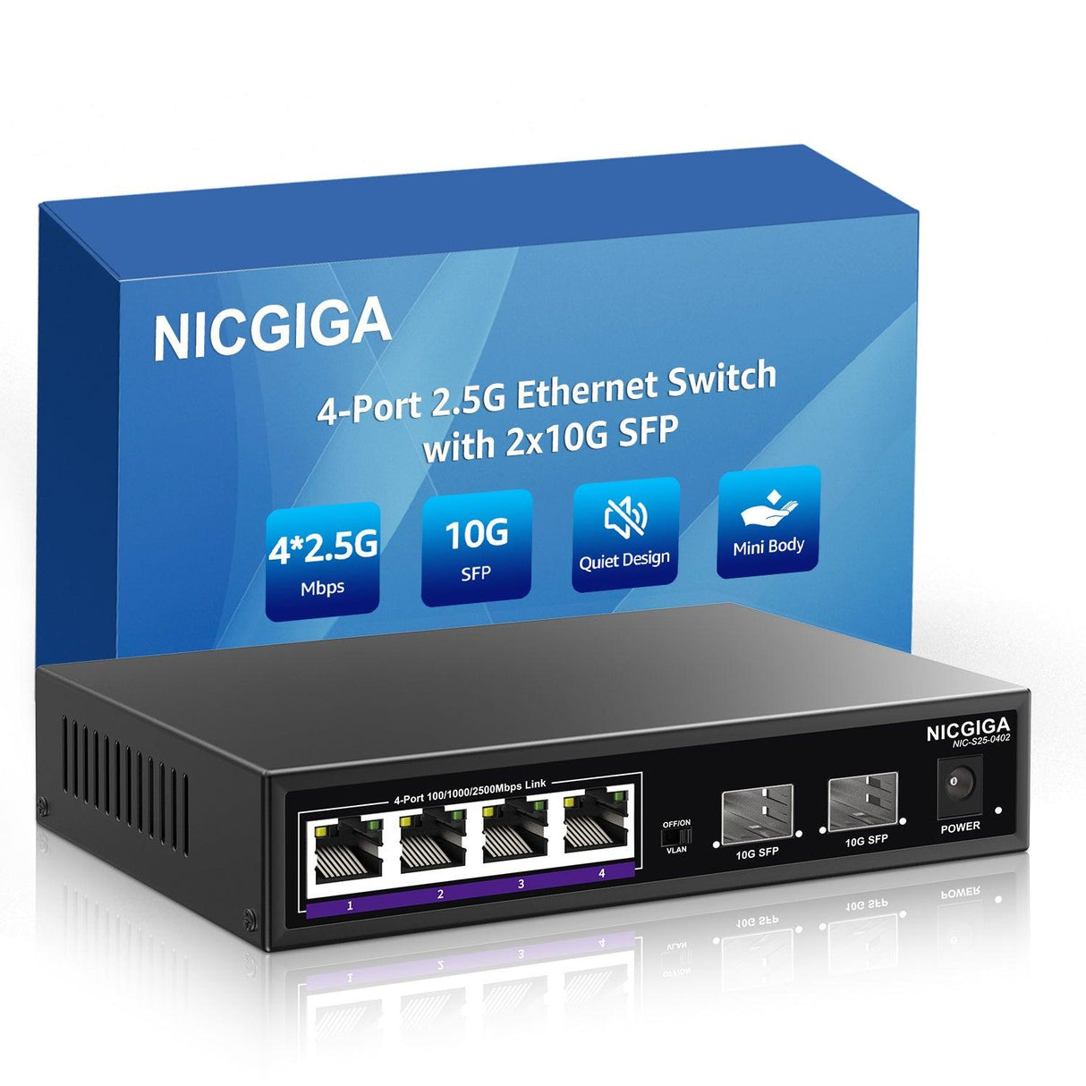 NICGIGA 6 Port 2.5G Ethernet Switch with 4X 2500Mbps + 2X 10G SFP Uplink Port , Unmanaged 2.5Gb Network Switch, One-Key VLAN, Plug & Play, Desktop/Wall-Mount, Fanless Metal Design.