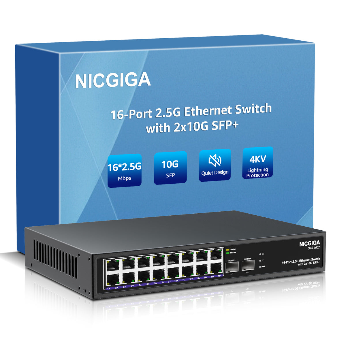 16 Port 2.5G ➕ 2 Port 10G SFP+ Ethernet Switch, NICGIGA 18 Port 2.5Gb Network Switch Unmanaged, Plug & Play, Desktop or 19-inch Rack Mount, Fanless Metal Design.