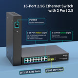 16 Port 2.5G ➕ 2 Port 10G SFP+ Ethernet Switch, NICGIGA 18 Port 2.5Gb Network Switch Unmanaged, Plug & Play, Desktop or 19-inch Rack Mount, Fanless Metal Design.