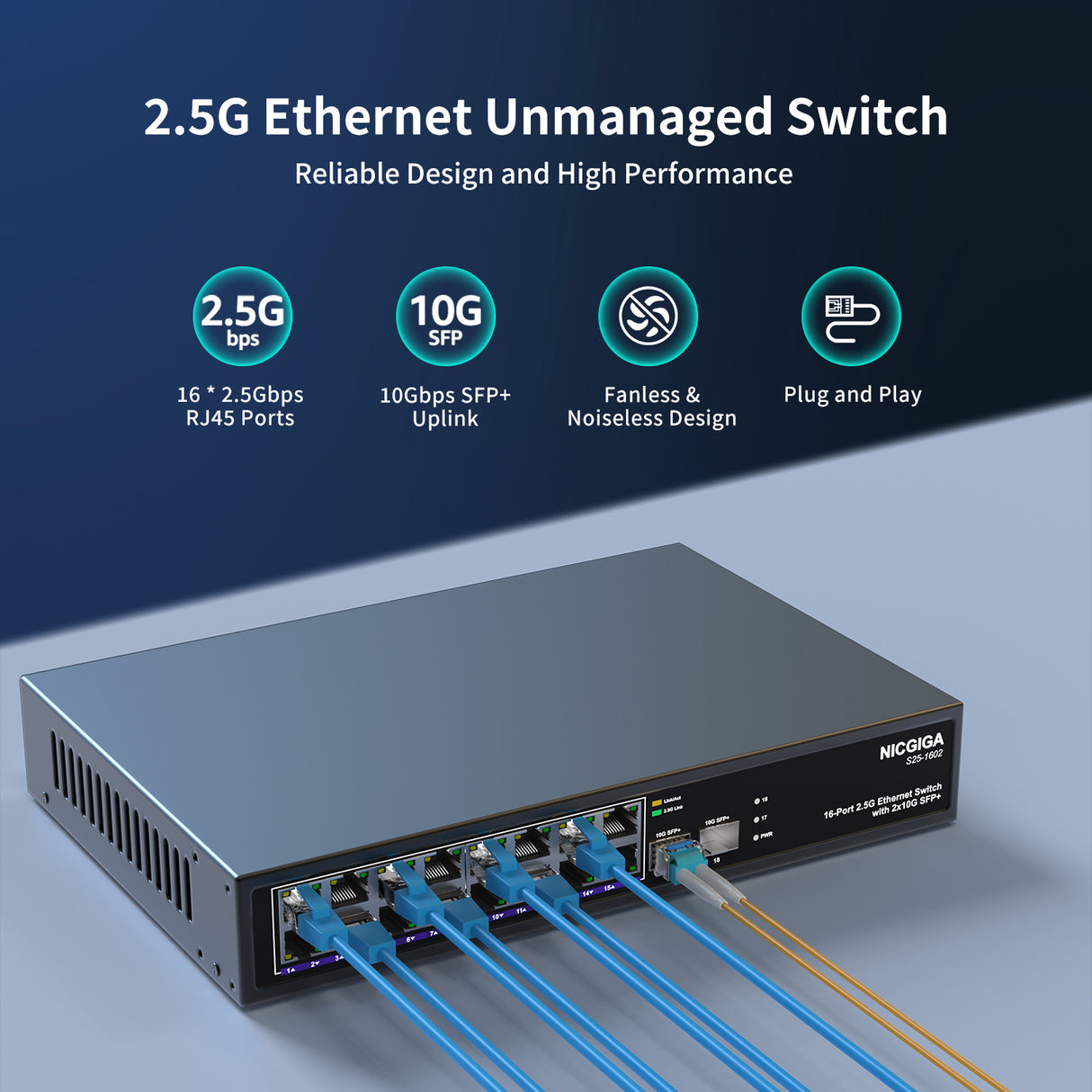 16 Port 2.5G ➕ 2 Port 10G SFP+ Ethernet Switch, NICGIGA 18 Port 2.5Gb Network Switch Unmanaged, Plug & Play, Desktop or 19-inch Rack Mount, Fanless Metal Design.