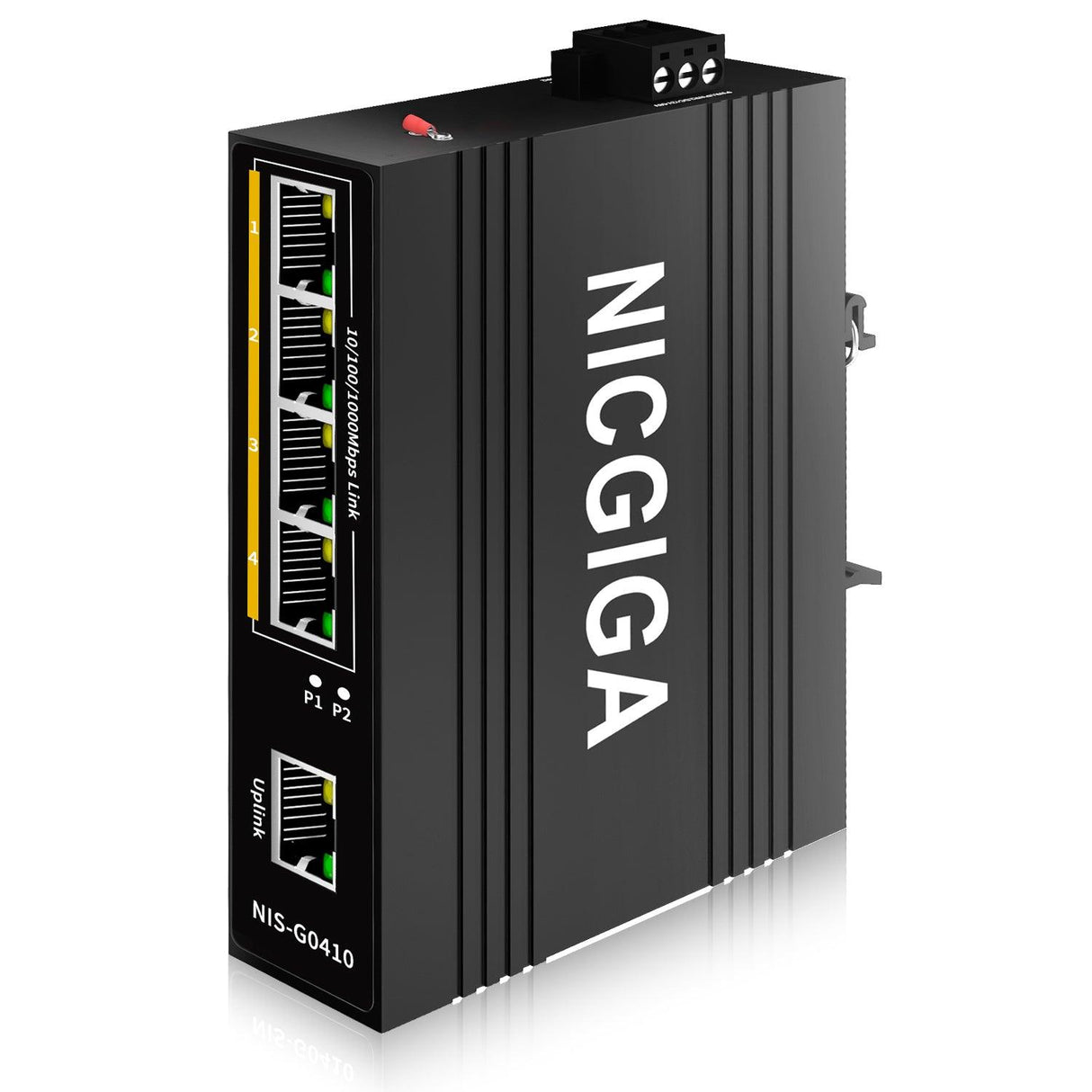 NICGIGA Commutateur Ethernet Gigabit industriel renforcé à 5 ports sur rail DIN, avec 4 ports 1000 Mbps, 1 port Gigabit UPLink Switch réseau industriel. Boîtier métallique IP40 (-30° à 75°) 