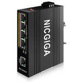 NICGIGA 5 Port Hardened Industrial Gigabit DIN-Rail Ethernet Switch, with 4 x 1000Mbps Ports, 1 Gigabit UPLink Port Industrial Network Switch. IP40 Metal Enclosure(-30° to 75°) - NICGIGA