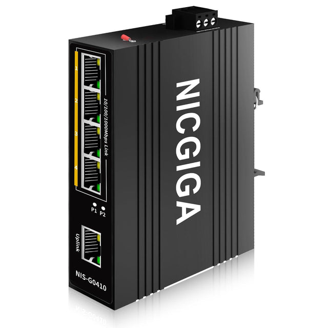 NICGIGA 5 Port Hardened Industrial Gigabit DIN-Rail Ethernet Switch, with 4 x 1000Mbps Ports, 1 Gigabit UPLink Port Industrial Network Switch. IP40 Metal Enclosure(-30° to 75°) - NICGIGA