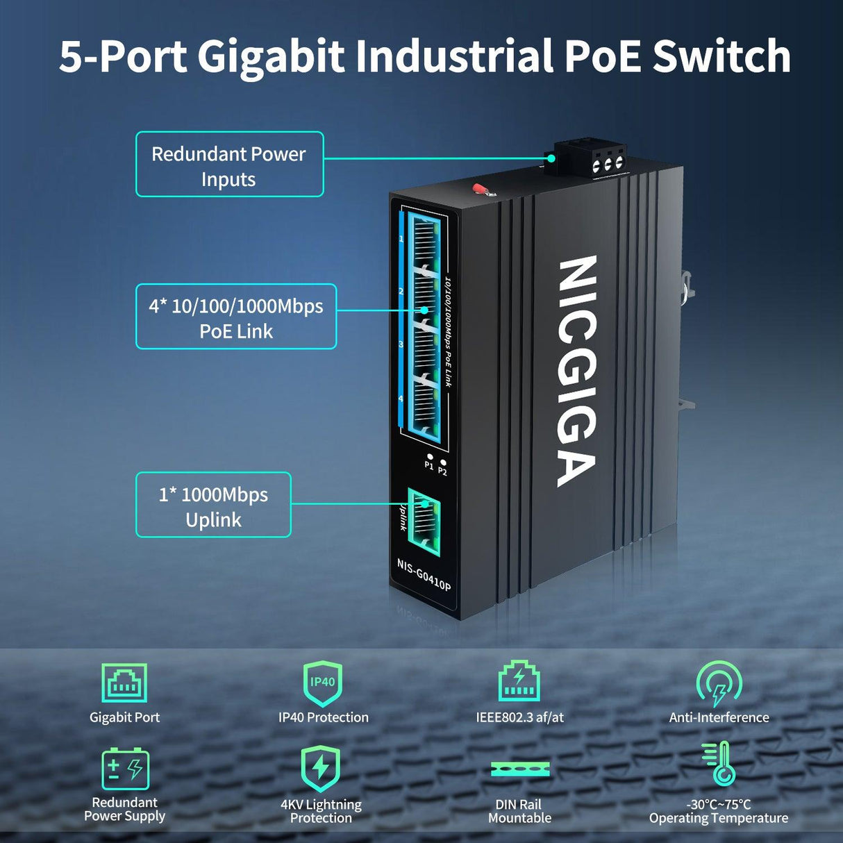 NICGIGA 5 Port Industrial Gigabit PoE Switch, with 4 x IEEE802.3af/at 30W PoE Ports @125W. IP40 Metal Enclosure, DIN-Rail, Compact PoE Power for Solar Power/RV Truck/VoIP Systems. - NICGIGA