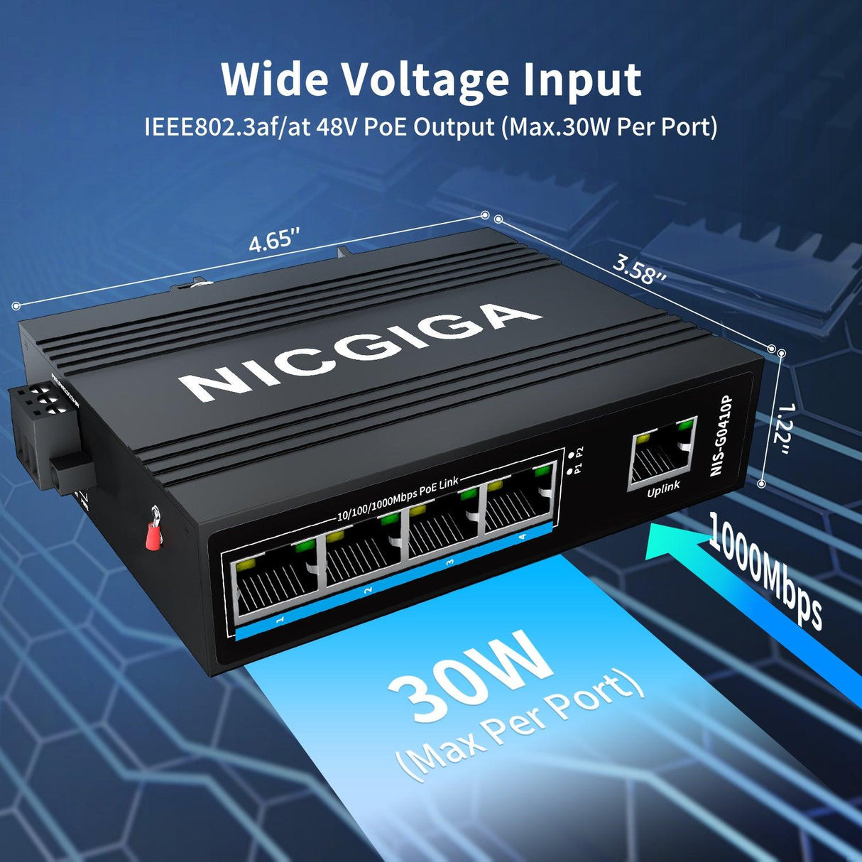 NICGIGA 5 Port Industrial Gigabit PoE Switch, with 4 x IEEE802.3af/at 30W PoE Ports @125W. IP40 Metal Enclosure, DIN-Rail, Compact PoE Power for Solar Power/RV Truck/VoIP Systems. - NICGIGA