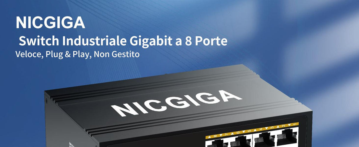 NICGIGA 8 Port Hardened Industrial Gigabit Ethernet Switch, with 8 x 1000Mbps RJ45 Ports Unmanaged Network Switch. DIN-Rail & Mount, IP40 Metal Enclosure(-30° to 75°) - NICGIGA