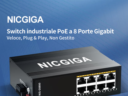 NICGIGA 8 Port Hardened Industrial Gigabit Ethernet Switch, with 8 x 1000Mbps RJ45 Ports Unmanaged Network Switch. DIN-Rail & Mount, IP40 Metal Enclosure(-30° to 75°)