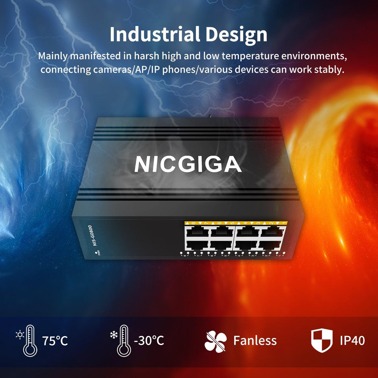 NICGIGA 5 Port Hardened Industrial Gigabit DIN-Rail Ethernet Switch, with 4 x 1000Mbps Ports, 1 Gigabit UPLink Port Industrial Network Switch. IP40 Metal Enclosure(-30° to 75°) - NICGIGA