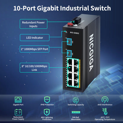 NICGIGA 10 Port Hardened Industrial Gigabit Ethernet Switch, with 8 x 1000Mbps RJ45 Ports +2 SFP Uplink Network Switch. DIN-Rail & Mount, IP40 Metal Enclosure(-30° to 75°)
