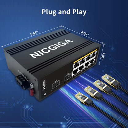 NICGIGA 10 Port Hardened Industrial Gigabit Ethernet Switch, with 8 x 1000Mbps RJ45 Ports +2 SFP Uplink Network Switch. DIN-Rail & Mount, IP40 Metal Enclosure(-30° to 75°)