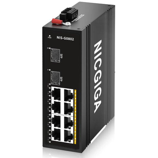 NICGIGA 10 Port Hardened Industrial Gigabit Ethernet Switch, with 8 x 1000Mbps RJ45 Ports +2 SFP Uplink Network Switch. DIN-Rail & Mount, IP40 Metal Enclosure(-30° to 75°)