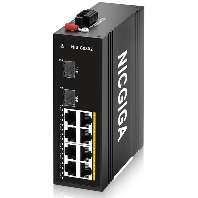 NICGIGA 10 Port Hardened Industrial Gigabit Ethernet Switch, with 8 x 1000Mbps RJ45 Ports +2 SFP Uplink Network Switch. DIN-Rail & Mount, IP40 Metal Enclosure(-30° to 75°) - NICGIGA