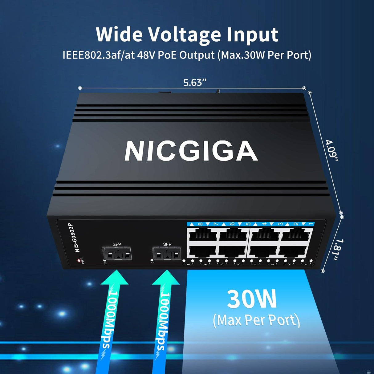 NICGIGA 8 Port Industrial Gigabit PoE Ethernet DIN-Rail Switch, with 8 x 30W PoE Ports @245W + 2 SFP Uplink Network Switch. IP40 Metal Enclosure(-30° to 75°) - NICGIGA