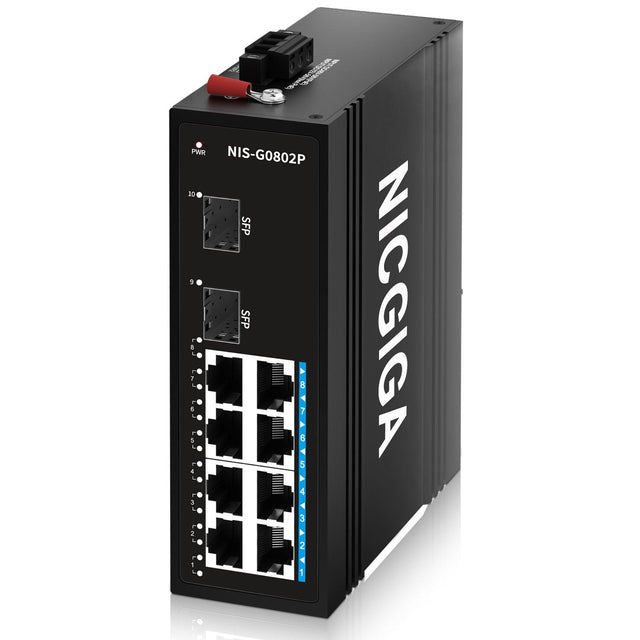 NICGIGA 8 Port Industrial Gigabit PoE Ethernet DIN-Rail Switch, with 8 x 30W PoE Ports @245W + 2 SFP Uplink Network Switch. IP40 Metal Enclosure(-30° to 75°) - NICGIGA