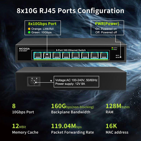 NICGIGA 8 Port 10G Ethernet Switch Unmanaged,with 8X 10Gb Base-T Ports, 10Gbps Network Switch Easy for 10G NAS,PC,WiFi7 Router,10G Adapter/NIC. Desktop or 19-inch Rack Mount, Plug and Play. - NICGIGA