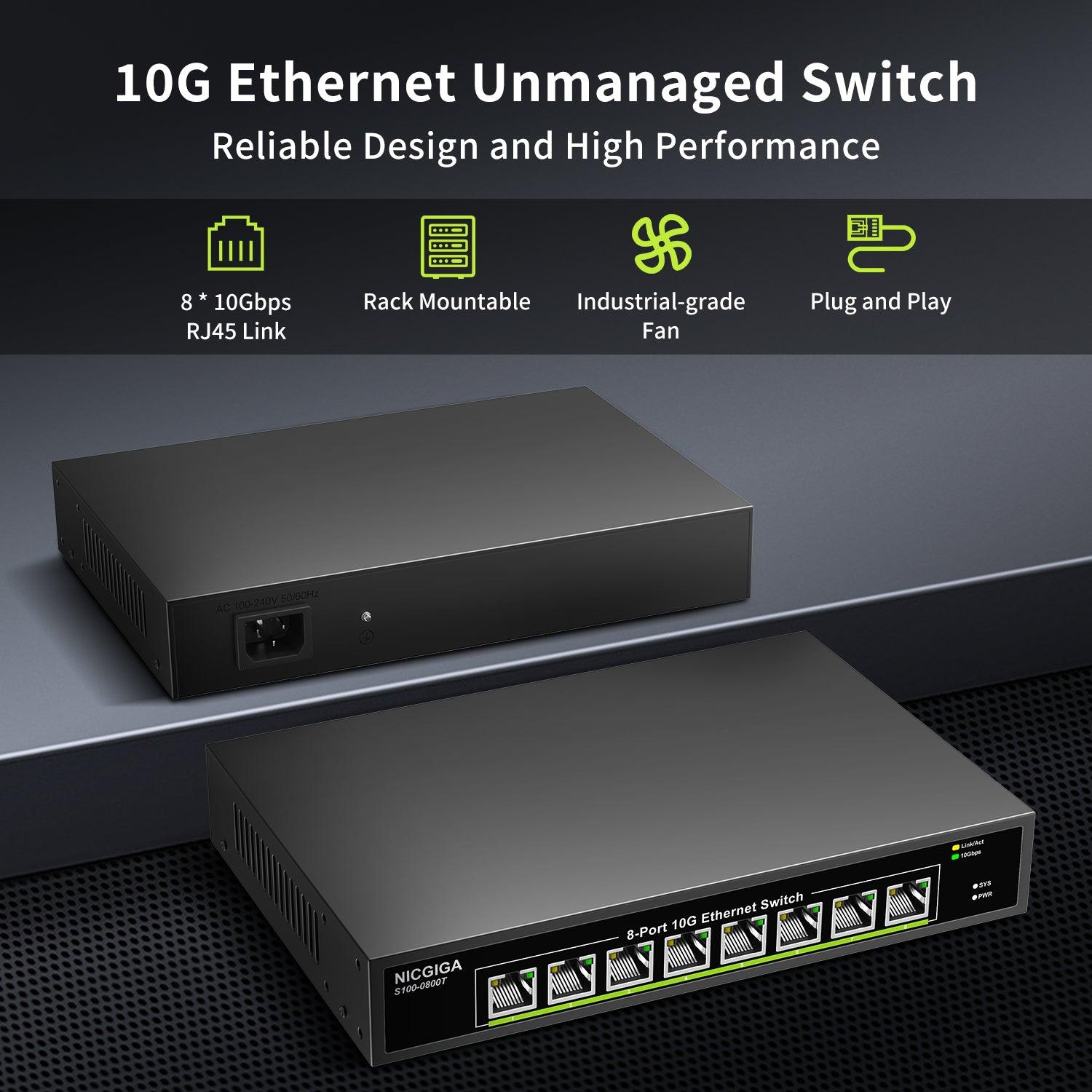 8 Port 10G Ethernet Switch Unmanaged, Auto-Negotiation, Plug and