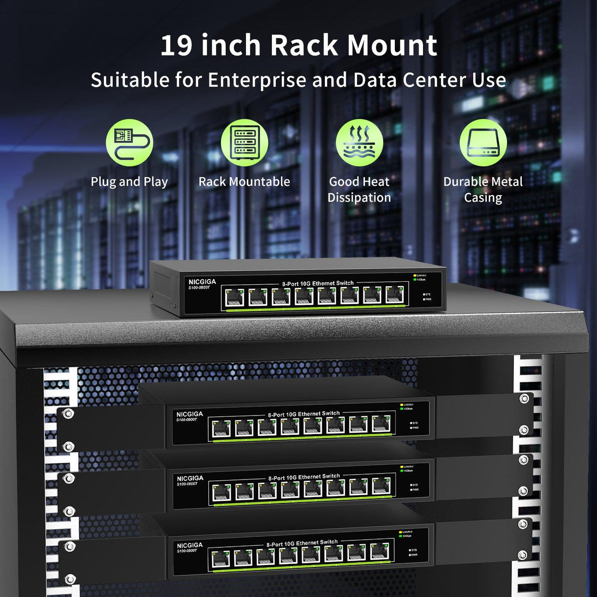NICGIGA 8 Port 10G Ethernet Switch Unmanaged,with 8X 10Gb Base-T Ports, 10Gbps Network Switch Easy for 10G NAS,PC,WiFi7 Router,10G Adapter/NIC. Desktop or 19-inch Rack Mount, Plug and Play. - NICGIGA