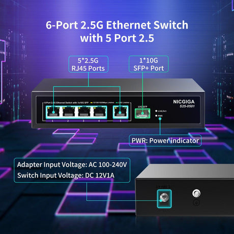 NICGIGA 5 Port 2.5G Ethernet Switch with 10G SFP Uplink, Unmanaged 2.5Gb Network Switch, Plug & Play, Desktop/Wall-Mount, Fanless Metal Design. - NICGIGA