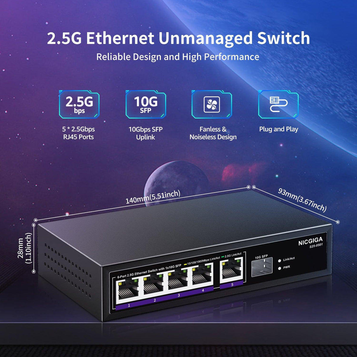 NICGIGA 5 Port 2.5G Ethernet Switch with 10G SFP Uplink, Unmanaged 2.5Gb Network Switch, Plug & Play, Desktop/Wall-Mount, Fanless Metal Design.