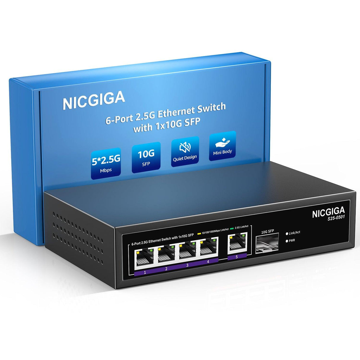 NICGIGA 5-Port-2,5-G-Ethernet-Switch mit 10-G-SFP-Uplink, nicht verwalteter 2,5-Gbit-Netzwerk-Switch, Plug &amp; Play, Desktop-/Wandmontage, lüfterloses Metalldesign. 