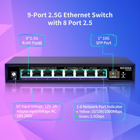 8 Port 2.5G Ethernet Switch with 10G SFP Uplink, NICGIGA Unmanaged 2.5Gb Network Switch, Plug & Play, Desktop/Wall-Mount, Fanless Metal Design.