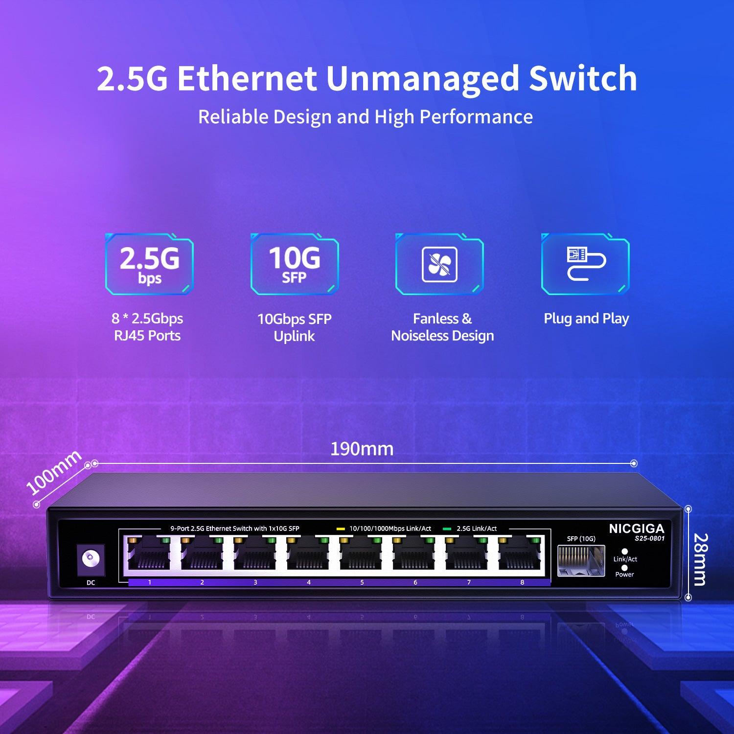 NICGIGA Switch Ethernet Gigabit 8 Porte – Non Gestito, Metallo, Fanless – Plug And Play – Montaggio A Parete