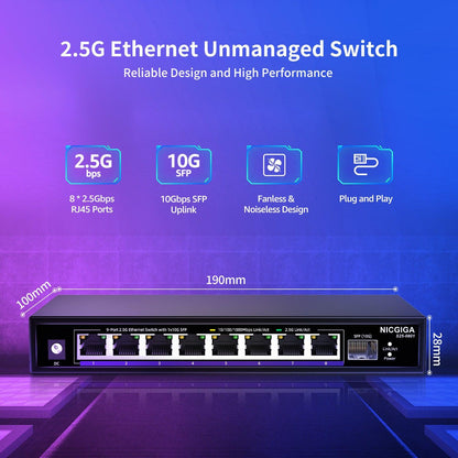 8 Port 2.5G Ethernet Switch with 10G SFP Uplink, NICGIGA Unmanaged 2.5Gb Network Switch, Plug & Play, Desktop/Wall-Mount, Fanless Metal Design.