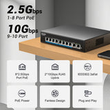 8 Port 2.5Gb PoE (130W) + 2 Port 10Gb RJ45 Network Switch Unmanaged, NICGIGA 10 Port 2.5G IEEE802.3af/at Power Over Ethernet Switch, Support WiFi6 AP, NAS, 4K PoE Camera NVR.