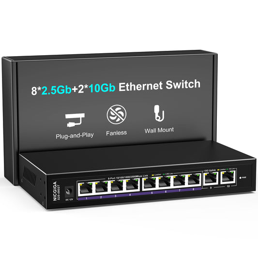 10Gbe Ethernet Switch Unmanaged with 2 x 10Gb RJ45 Ports ➕ 8 x 2.5Gb Base-T Ports, Desktop/Wall Mount NICGIGA 10 Port 10Gbps Network Switch for Wireless AP, NAS, PC