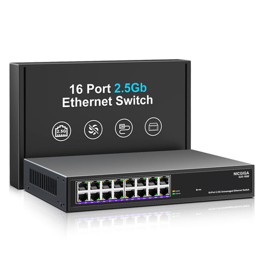 16 Port 2.5Gb Ethernet Switch Unmanaged, NICGIGA 16 Port 2.5G Network Switch, Plug & Play, Desktop or 19-inch Rack Mount, Fanless Metal Design.