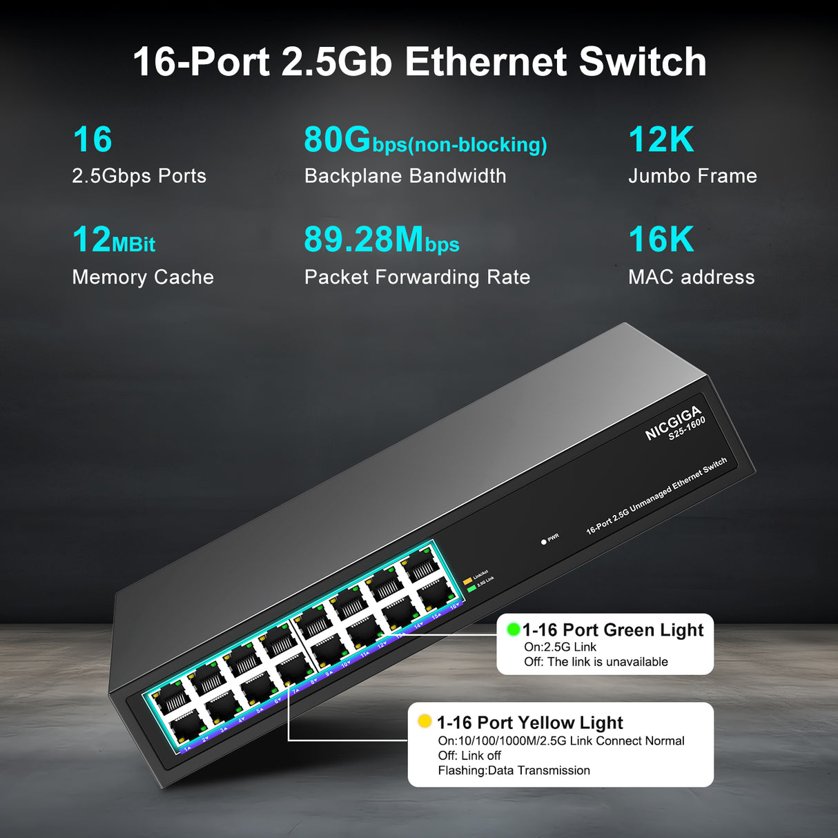16 Port 2.5Gb Ethernet Switch Unmanaged, NICGIGA 16 Port 2.5G Network Switch, Plug & Play, Desktop or 19-inch Rack Mount, Fanless Metal Design.