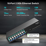 16 Port 2.5Gb Ethernet Switch Unmanaged, NICGIGA 16 Port 2.5G Network Switch, Plug & Play, Desktop or 19-inch Rack Mount, Fanless Metal Design.