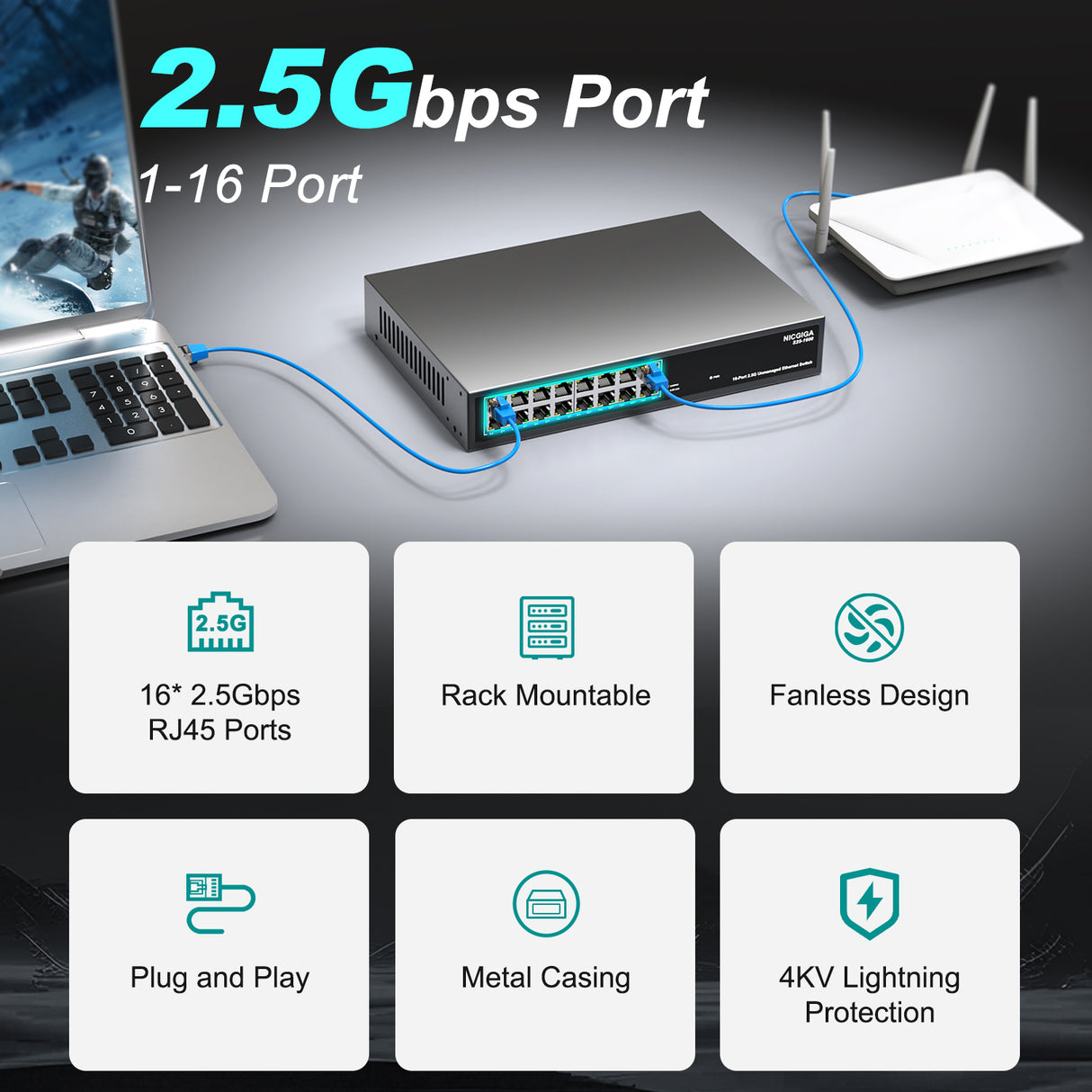 16 Port 2.5Gb Ethernet Switch Unmanaged, NICGIGA 16 Port 2.5G Network Switch, Plug & Play, Desktop or 19-inch Rack Mount, Fanless Metal Design.