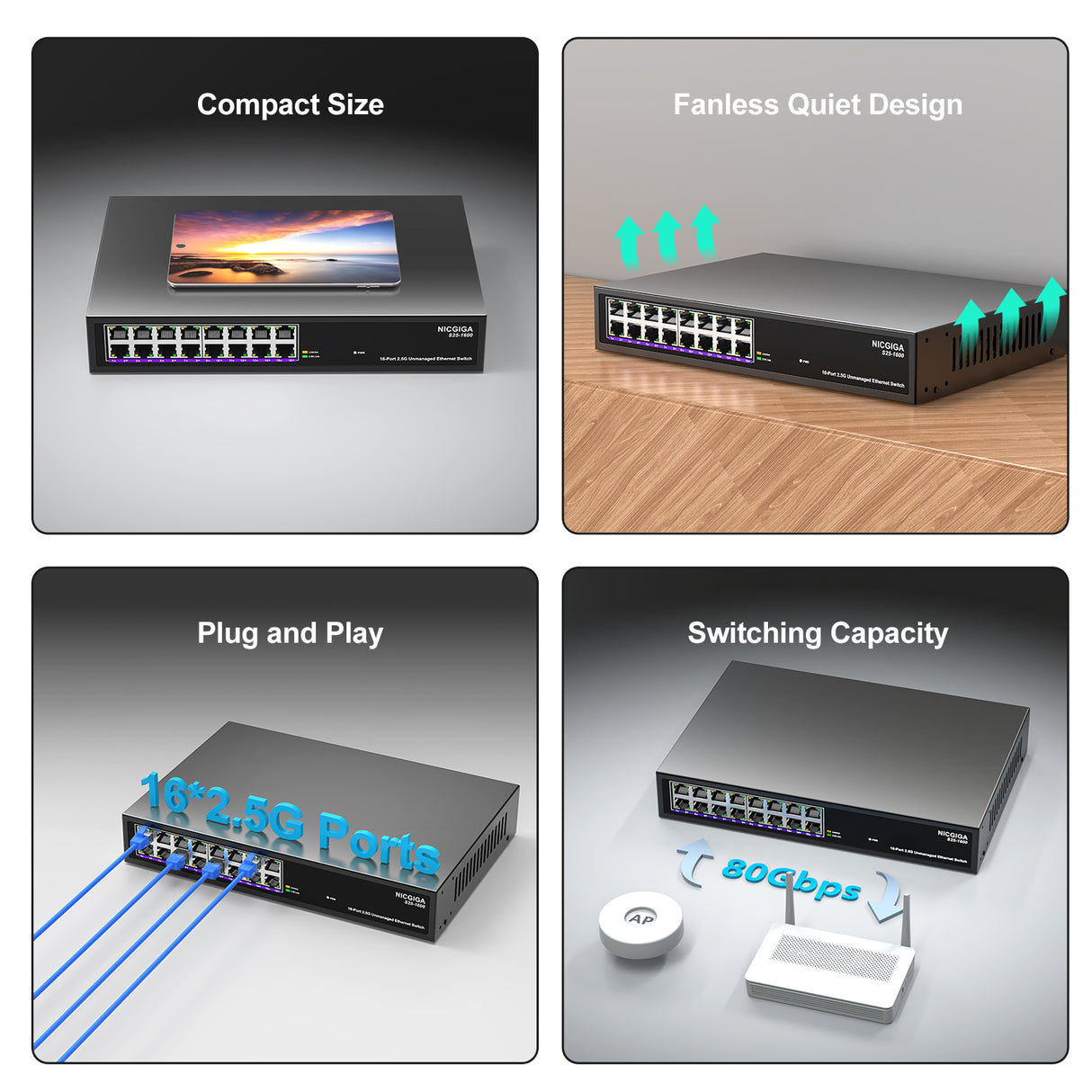 16 Port 2.5Gb Ethernet Switch Unmanaged, NICGIGA 16 Port 2.5G Network Switch, Plug & Play, Desktop or 19-inch Rack Mount, Fanless Metal Design.