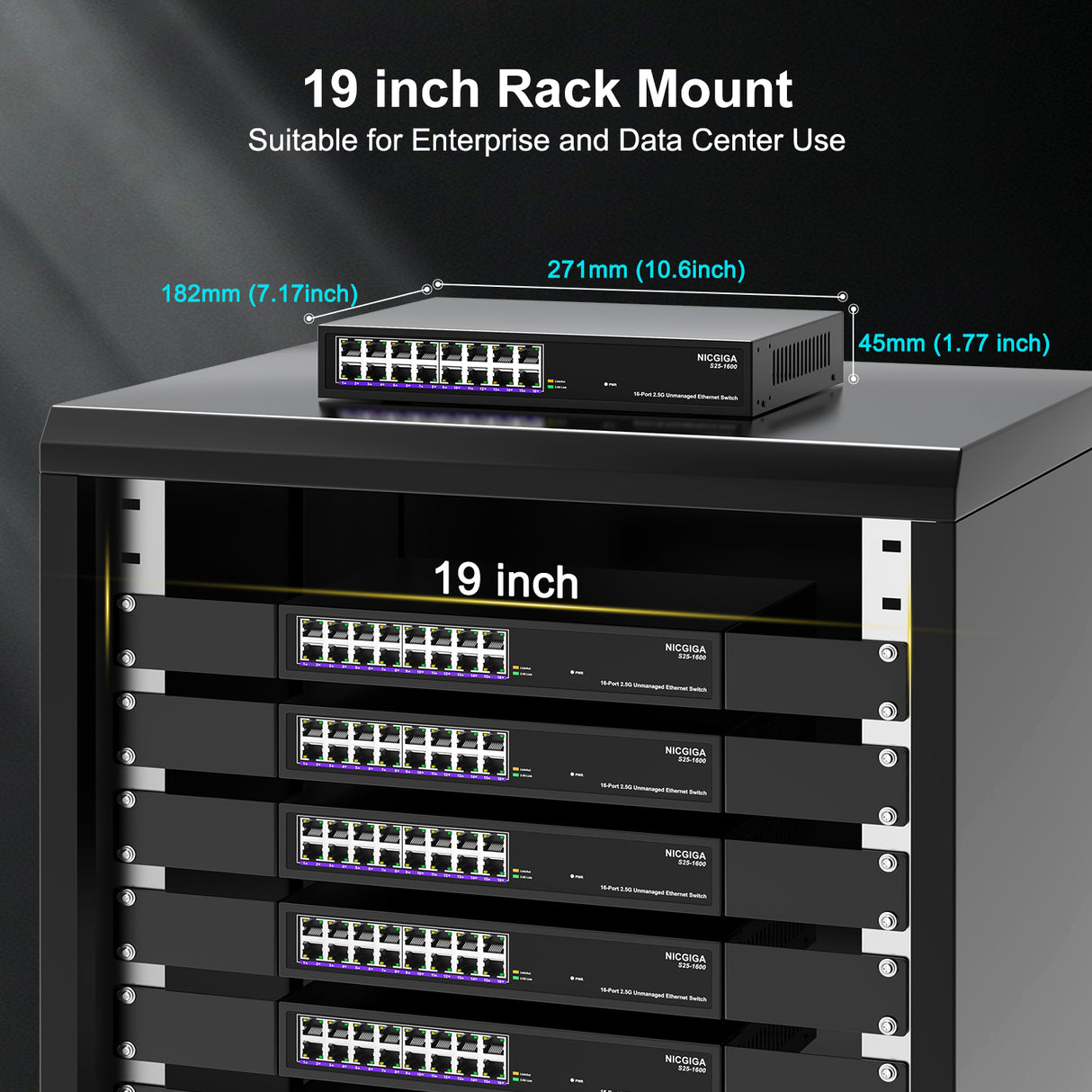 16 Port 2.5Gb Ethernet Switch Unmanaged, NICGIGA 16 Port 2.5G Network Switch, Plug & Play, Desktop or 19-inch Rack Mount, Fanless Metal Design.