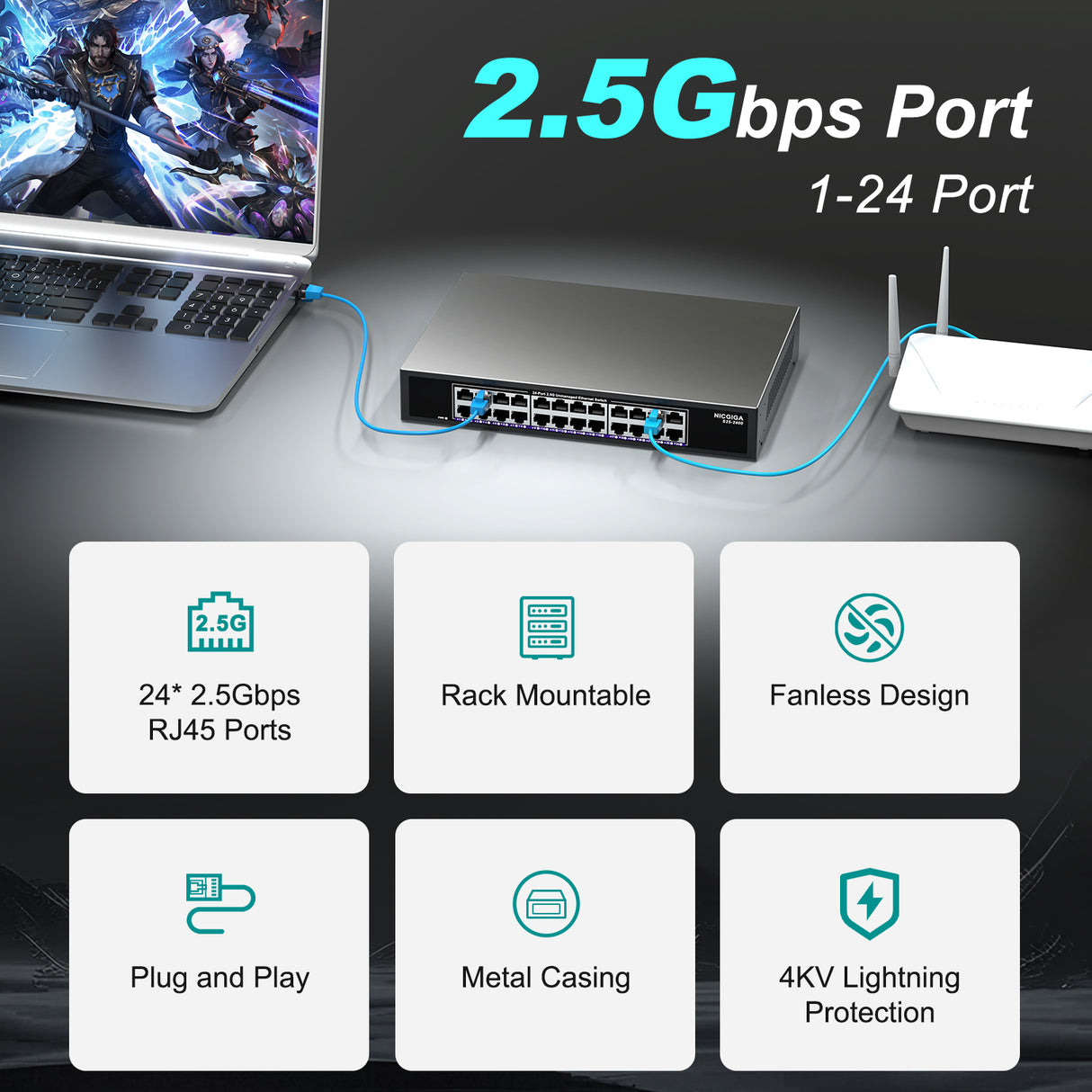 24 Port 2.5Gb Ethernet Switch Unmanaged, NICGIGA 24 Port 2.5G Network Switch, Plug & Play, Desktop or 19-inch Rack Mount, Fanless Metal Design.