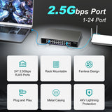 24 Port 2.5Gb Ethernet Switch Unmanaged, NICGIGA 24 Port 2.5G Network Switch, Plug & Play, Desktop or 19-inch Rack Mount, Fanless Metal Design.