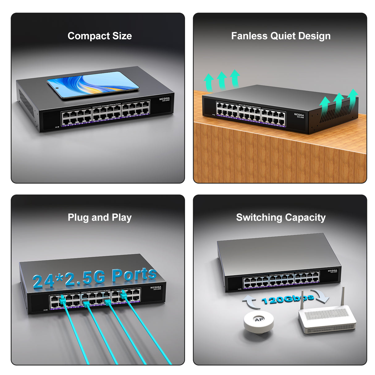 24 Port 2.5Gb Ethernet Switch Unmanaged, NICGIGA 24 Port 2.5G Network Switch, Plug & Play, Desktop or 19-inch Rack Mount, Fanless Metal Design.