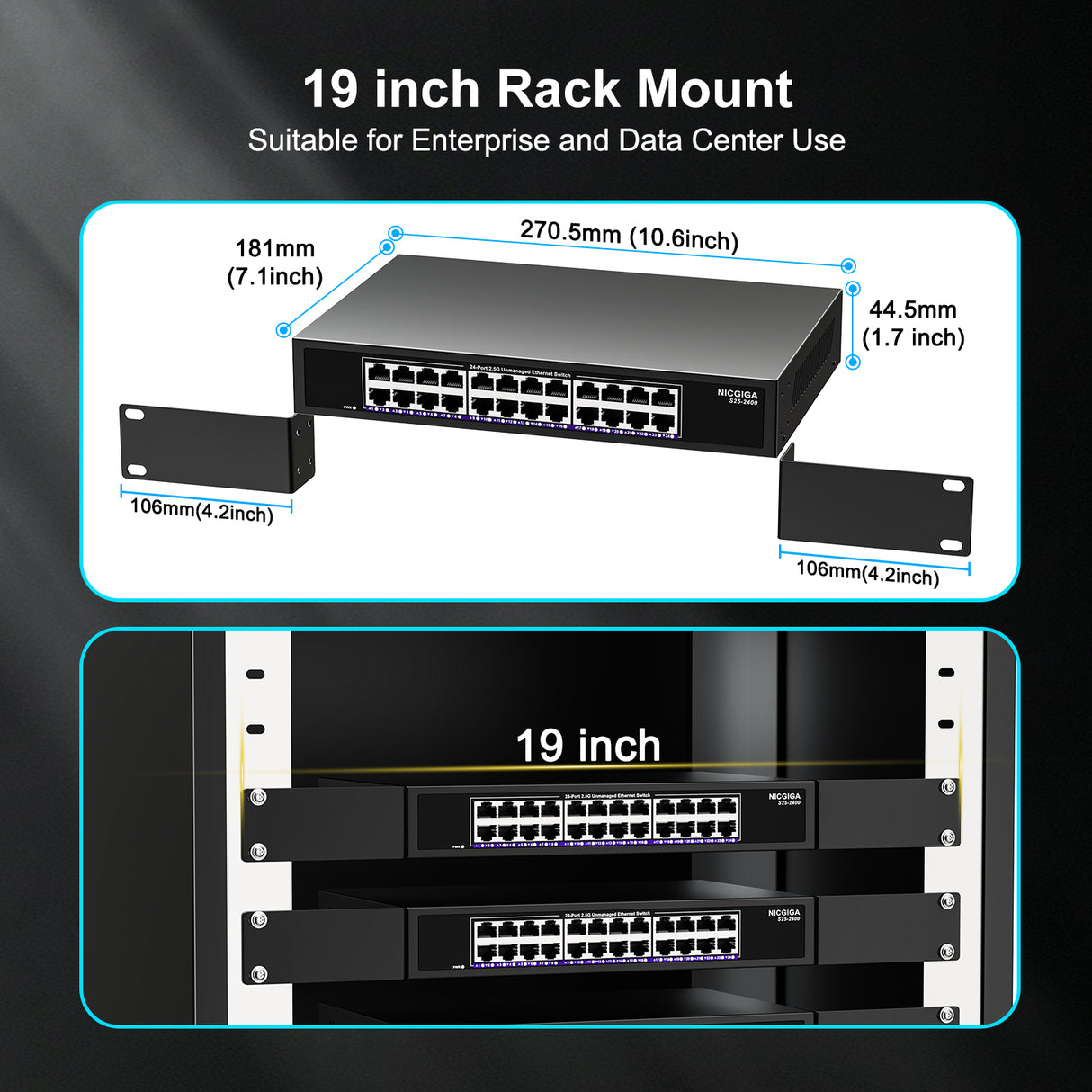 24 Port 2.5Gb Ethernet Switch Unmanaged, NICGIGA 24 Port 2.5G Network Switch, Plug & Play, Desktop or 19-inch Rack Mount, Fanless Metal Design.